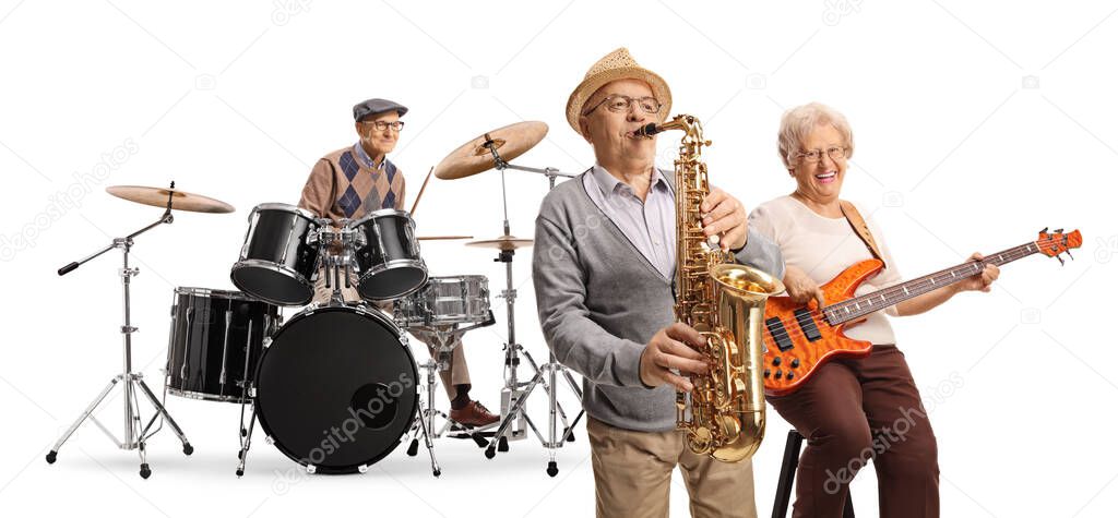 Seniors playing in a band on drums, guitar and a sax isolated on white background