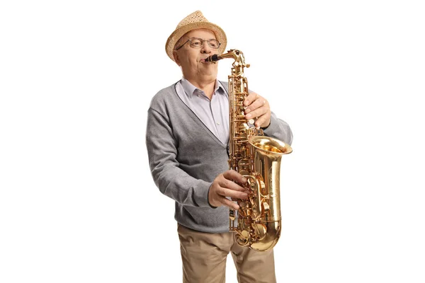 Homem Sênior Tocando Saxofone Isolado Fundo Branco — Fotografia de Stock