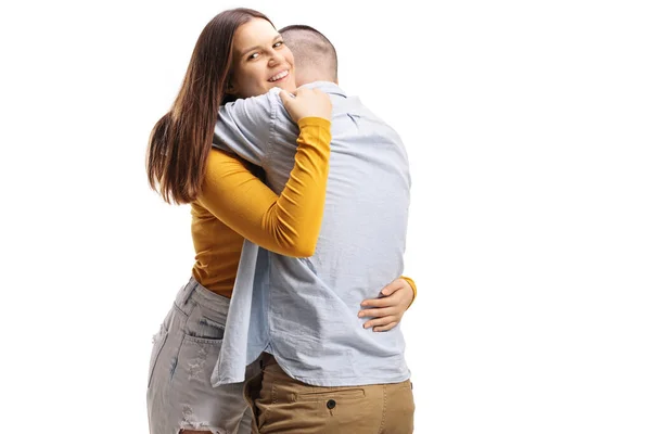 Jovem Homem Mulher Abraçando Uns Aos Outros Isolados Fundo Branco — Fotografia de Stock