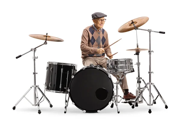 Senior Man Spelen Drums Geïsoleerd Witte Achtergrond — Stockfoto