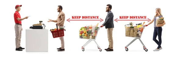 Persone Supermercato Registratore Cassa Attesa Mantenendo Distanza Tra Loro Isolata — Foto Stock