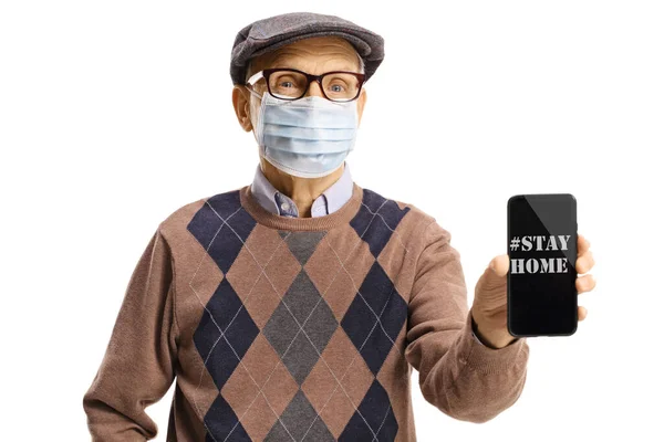 Älterer Mann Mit Medizinischer Maske Der Ein Telefon Mit Nachricht — Stockfoto