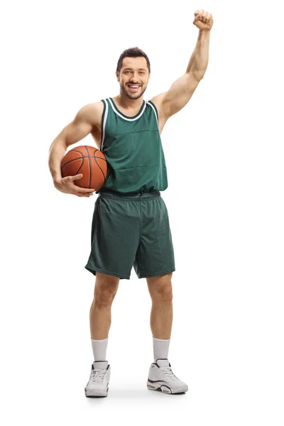 一个篮球运动员的全长肖像 用白色背景的手表示获胜 — 图库照片
