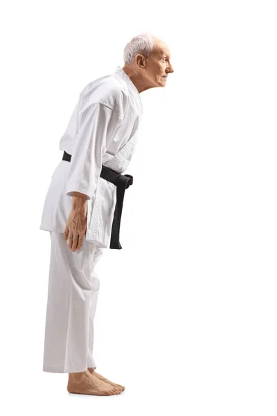 Foto Figura Intera Maestro Karate Senior Kimono Isolato Sfondo Bianco — Foto Stock