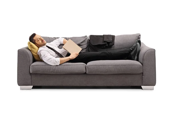 Foto Completa Hombre Negocios Durmiendo Sofá Con Libro Aislado Sobre — Foto de Stock