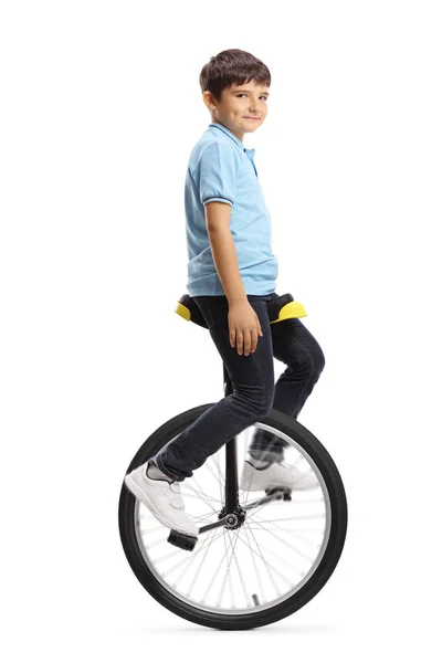 Full Length Shot Boy Riding Mono Cycle Looking Camera Isolated — Stock Photo, Image