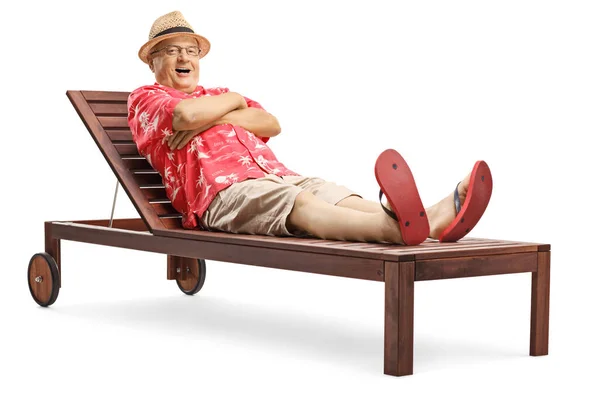 Elderly Man Lying Wooden Sunbed Isolated White Background — Stock Photo, Image