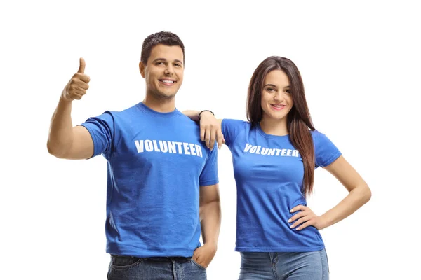 Voluntarios Posando Mostrando Pulgares Hacia Arriba Aislados Sobre Fondo Blanco —  Fotos de Stock