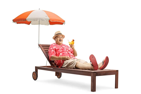 Mature Male Tourist Cocktail Drink Sunbed Umbrella Isolated White Background — Stock Photo, Image