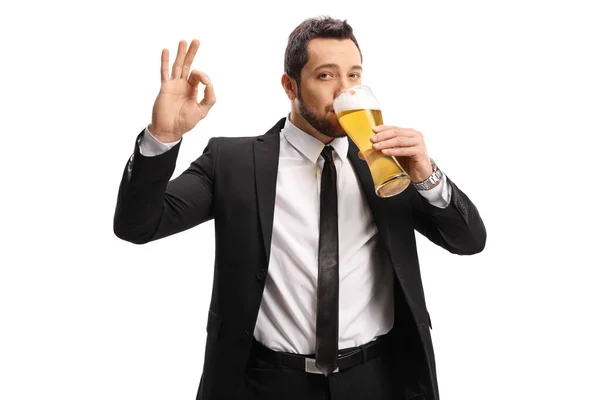 Man Suit Tie Drinking Glass Beer Gesturing Great Sign Isolated — Stock Photo, Image