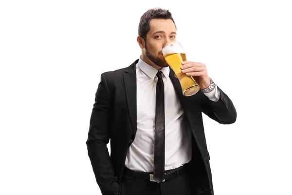 Geschäftsmann Mit Einem Pint Light Bier Auf Weißem Hintergrund — Stockfoto