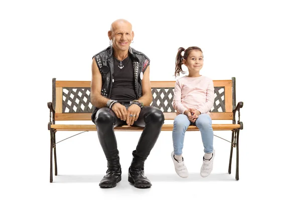 Beyaz Arka Planda Izole Edilmiş Küçük Bir Kızla Bankta Oturan — Stok fotoğraf