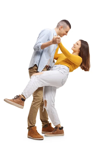 Ung Man Och Kvinna Dansar Tango Och Ler Isolerad Vit — Stockfoto