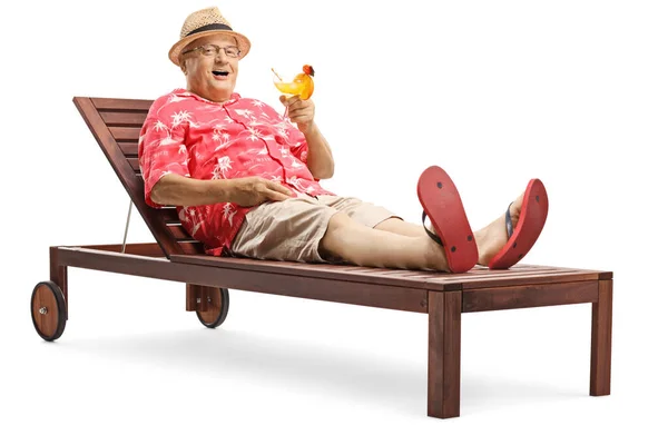 Elderly Male Tourist Lying Sunbed Drinking Cocktail Isolated White Background — Stock Photo, Image