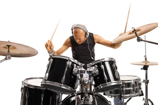 Mann Mit Kopfhörer Spielt Schlagzeug Isoliert Auf Weißem Hintergrund — Stockfoto