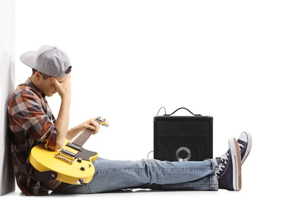 Sad Young Man Sitting Floor Guitar Isolated White Background — Stock Photo, Image
