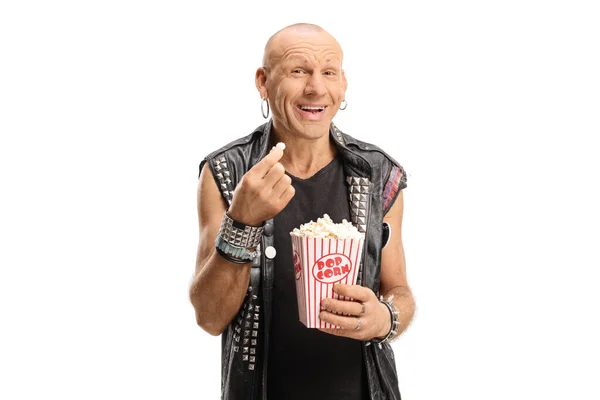 Bald Punk Eating Popcorns Smiling Camera Isolated White Background — Stock Photo, Image