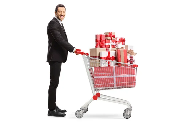 Full Length Profile Shot Businessman Pile Presents Shopping Cart Isolated — Stock Photo, Image