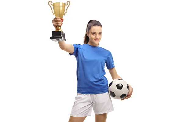 Young Woman Football Player Holding Gold Trophy Cup Isolated White — Stock Photo, Image