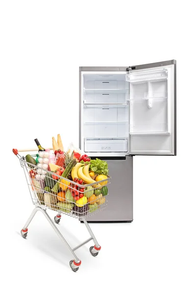 Studio Shot Full Shopping Cart Front Empty Refrigerator Isolated White — Stock Photo, Image