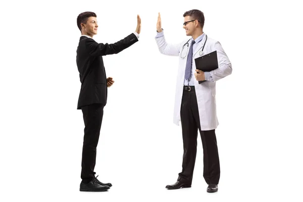 Full Length Shot Guy Suit Doctor Gesturing High Five Isolated — Stock Photo, Image