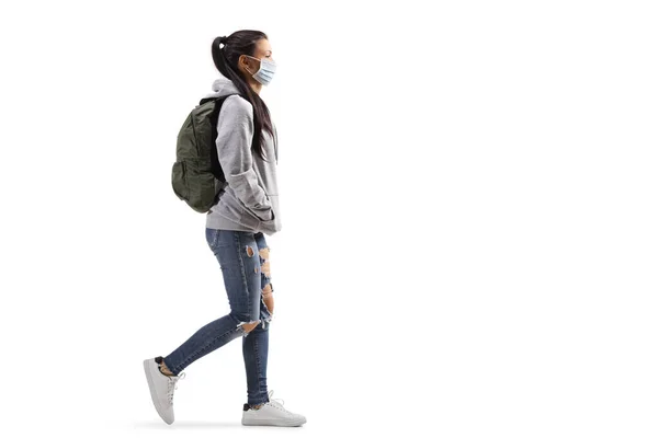 Full Length Profile Shot Casual Female Student Wearing Protective Medical — Stock Photo, Image