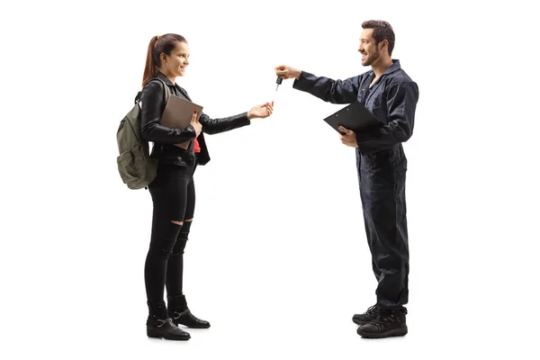 Full Length Profile Shot Auto Mechanic Giving Car Keys Young — Stock Photo, Image