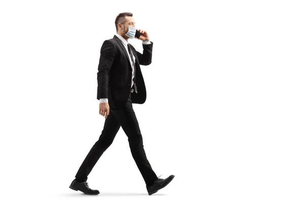 Full Length Profile Shot Businessman Talking Mobile Phone Walking Wearing — Stock Photo, Image