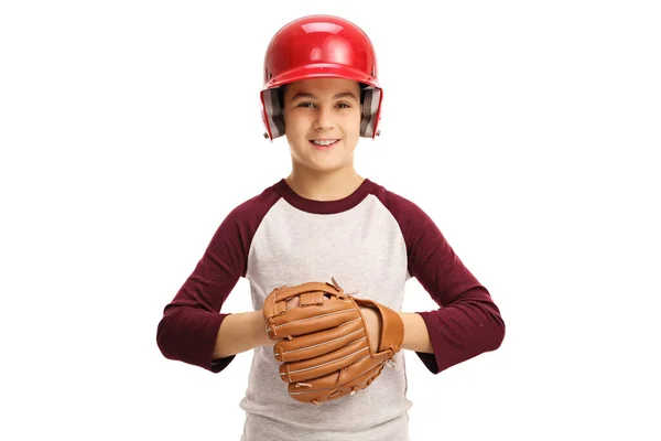 Pojke Bär Baseball Hjälm Och Handske Isolerad Vit Bakgrund — Stockfoto