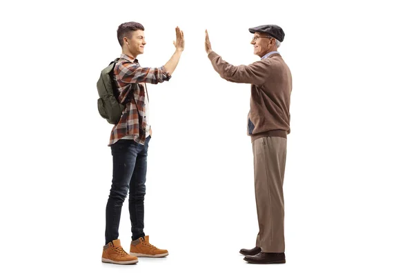 Full Length Profile Shot Male Student Greeting Elderly Man High — Stock Photo, Image