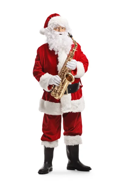 Pełna Długość Portret Świętego Mikołaja Stojącego Trzymającego Saksofon Izolowany Białym — Zdjęcie stockowe