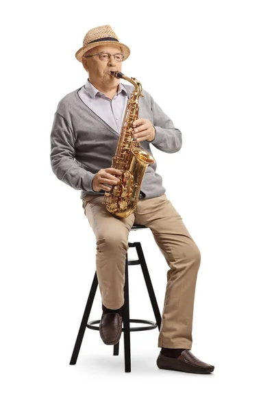 Elderly Gentleman Sitting Chair Playing Sax Isolated White Background — Stock Photo, Image
