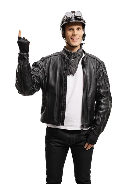 Young Guy Bikers Leather Jacket Pointing Isolated White Background — Stock Photo, Image