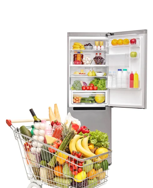 Studio Shot Food Products Shopping Cart Full Refrigerator Isolated White — Stock Photo, Image