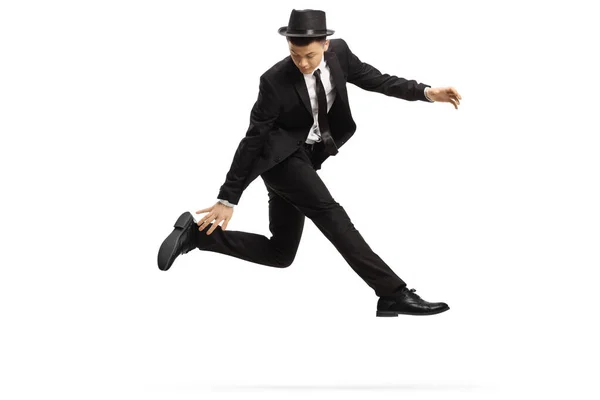 Jeune Homme Costume Dans Une Pose Danse Sautante Isolé Sur — Photo