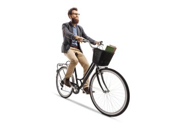 Beyaz arka planda izole edilmiş bisiklet süren sakallı bir adam.