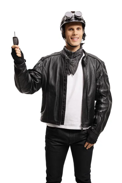 Biker Leather Jacket Holding Keys Isolated White Background — Stock Photo, Image