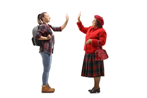 Volledig Profiel Shot Van Een Vrouwelijke Student Gebaren High Five — Stockfoto