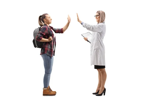 Full Length Profile Shot Female Student Gesturing High Five Female — Stock Photo, Image