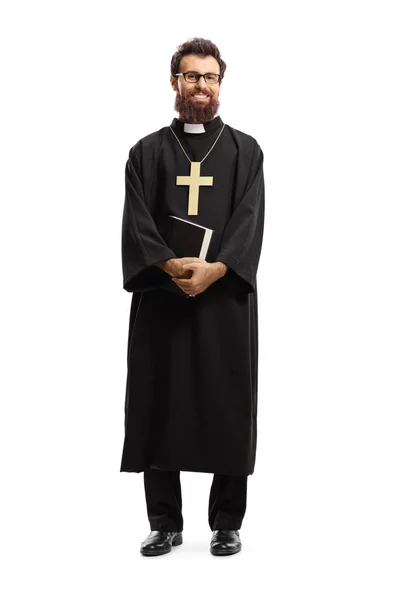 Full Length Portrait Priest Standing Holding Bible Isolated White Background — Stock Photo, Image