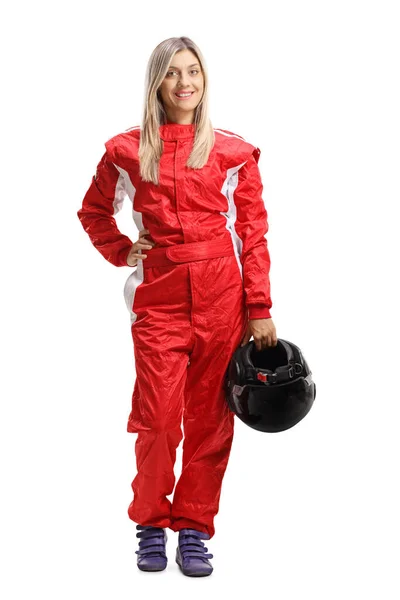 Full Length Portrait Young Woman Racing Suit Holding Helmet Isolated — Stock Photo, Image