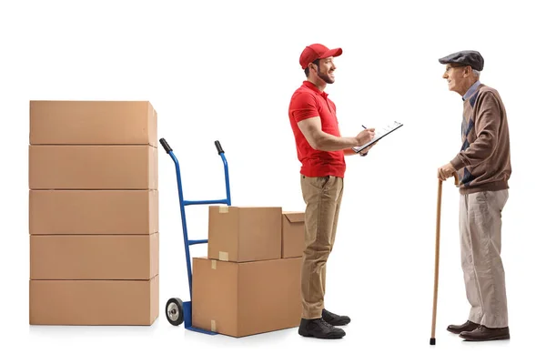 Full Length Shot Delivery Guy Document Handing Boxes Elderly Man — Stock Photo, Image