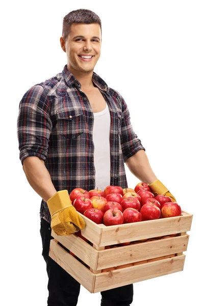 年轻人拿着一板条箱用白色背景隔开的红苹果 — 图库照片