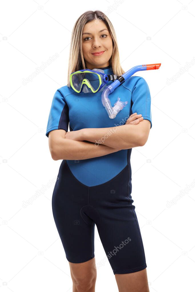 Woman wearing a diving suit and a mask isolated on white background