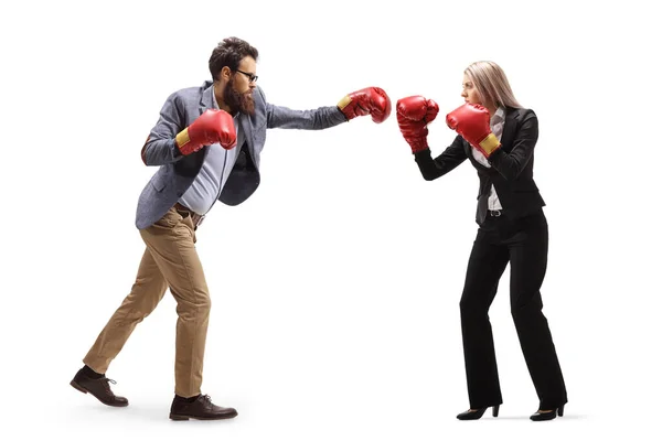 Full Length Shot Man Woman Formal Clothes Fighting Boxing Gloves — Stock Photo, Image