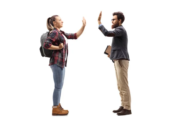 Full Length Profile Shot Female Student Gesturing High Five Έναν — Φωτογραφία Αρχείου