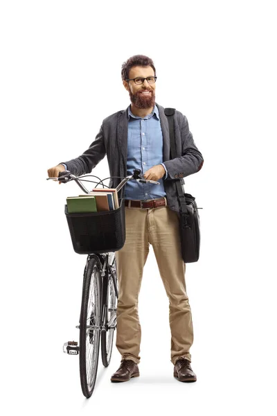 Bearded Man Stående Med Cykel Och Ler Mot Kameran Isolerad — Stockfoto