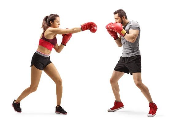 Foto Completa Hombre Una Mujer Ropa Deportiva Luchando Con Guantes — Foto de Stock