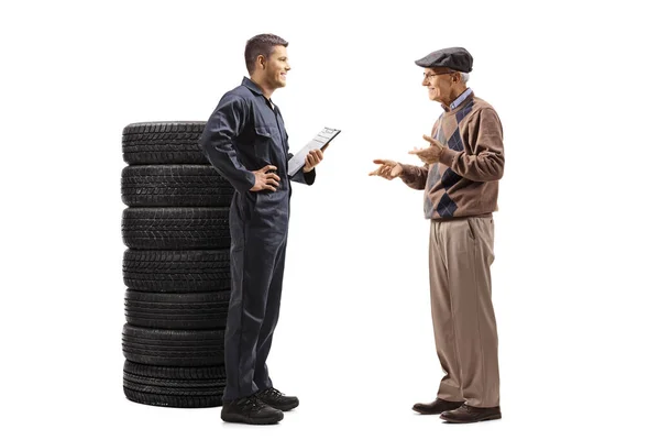 Full Length Profile Shot Auto Mechanic Elderly Man Talking Isolated — Stock Photo, Image