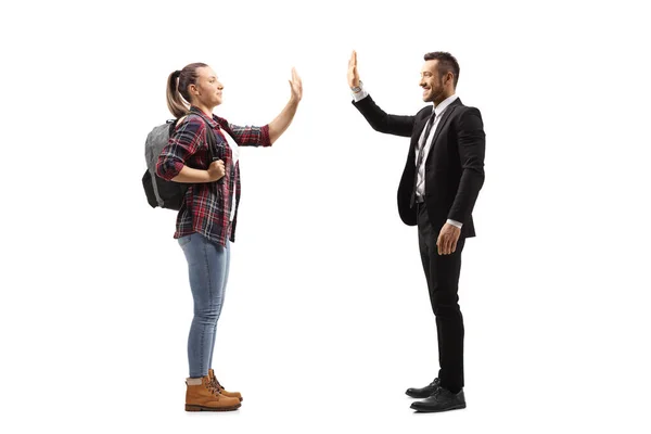 Volledig Profiel Shot Van Een Vrouwelijke Student Gebaren High Five — Stockfoto